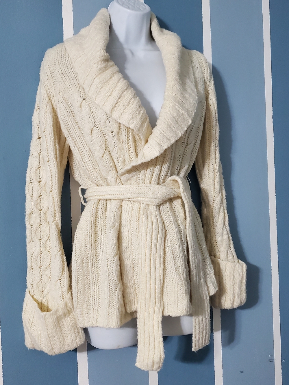 Express Cream Cable-Knit Shawl-Collar Belted Cardigan